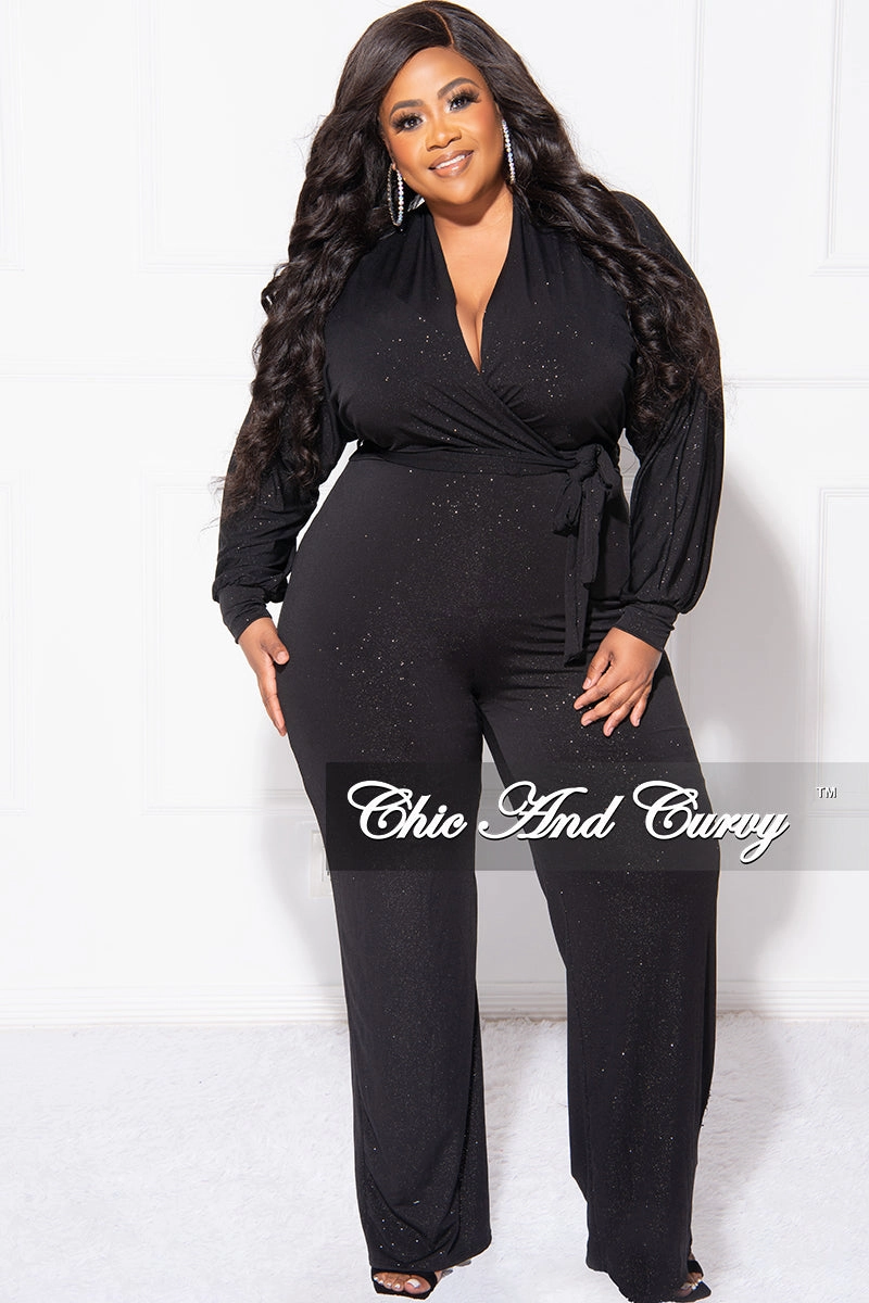 Final Sale Plus Size Faux Wrap Jumpsuit with Tie in Black Glitter TemperatureRegulating
