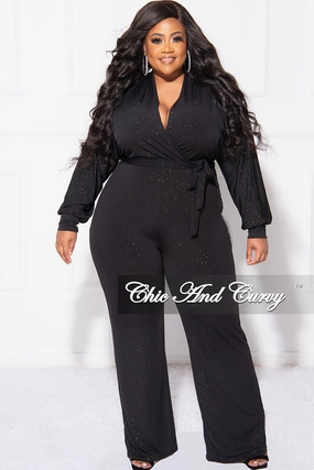 Adjustable Cuff System AntiPilling Finish Final Sale Plus Size Faux Wrap Jumpsuit with Tie in Black Glitter