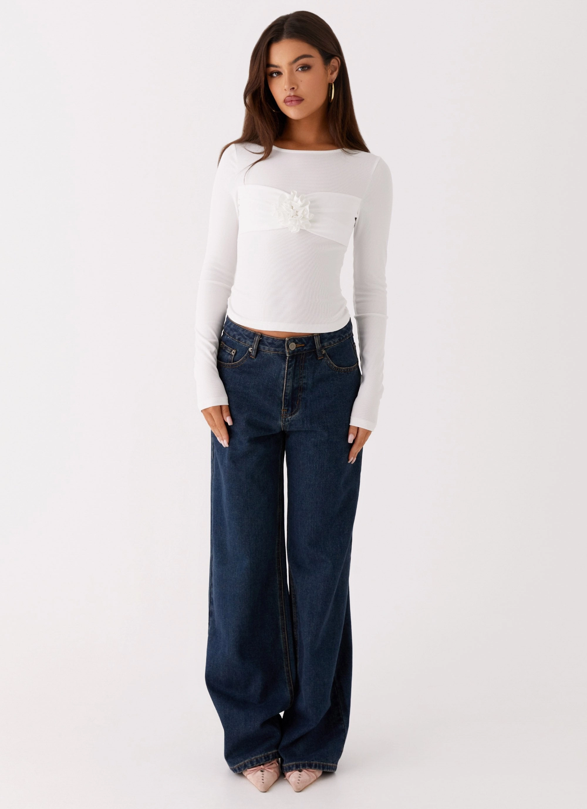 Jeyda Long Sleeve Rose Top - White Metallic Fiber Blend