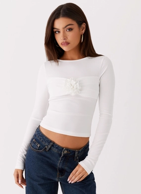 Jeyda Long Sleeve Rose Top - White Comfortable Collar