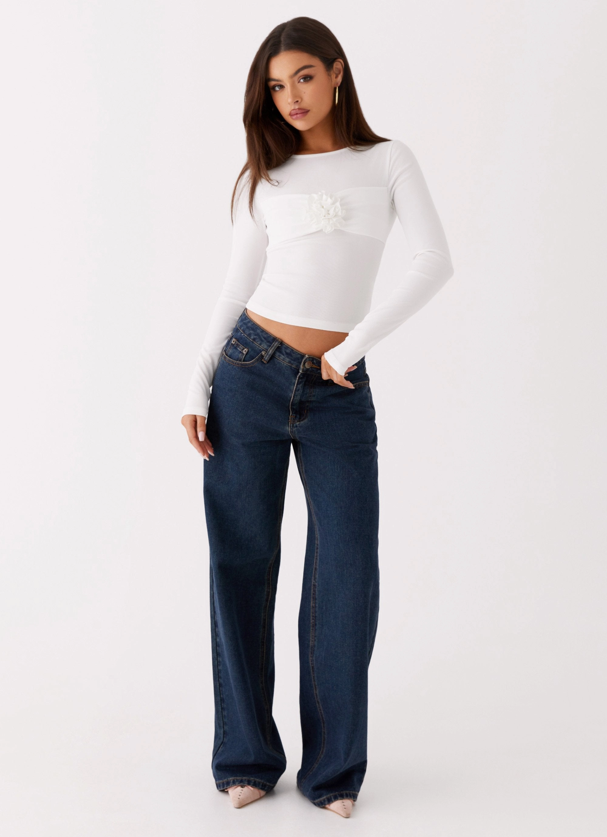 Jeyda Long Sleeve Rose Top - White Sporty Blouse