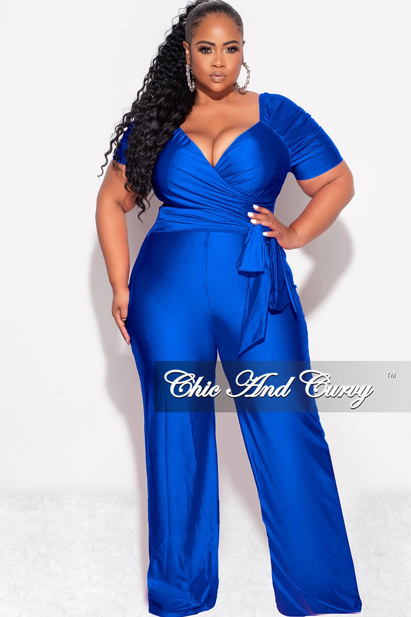 Final Sale Plus Size Shiny Jumpsuit with Ruched Sleeves in Royal Blue Summer Wardrobe Flexible Neckline
