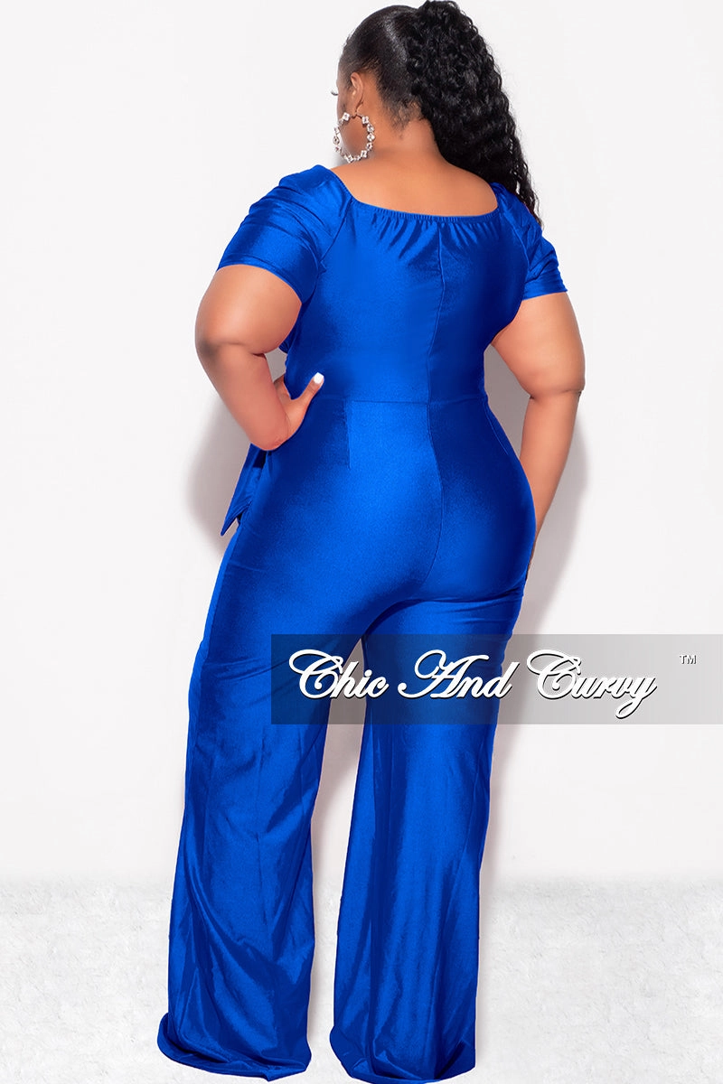 Final Sale Plus Size Shiny Jumpsuit with Ruched Sleeves in Royal Blue Smooth Interior Lining TailoredCut