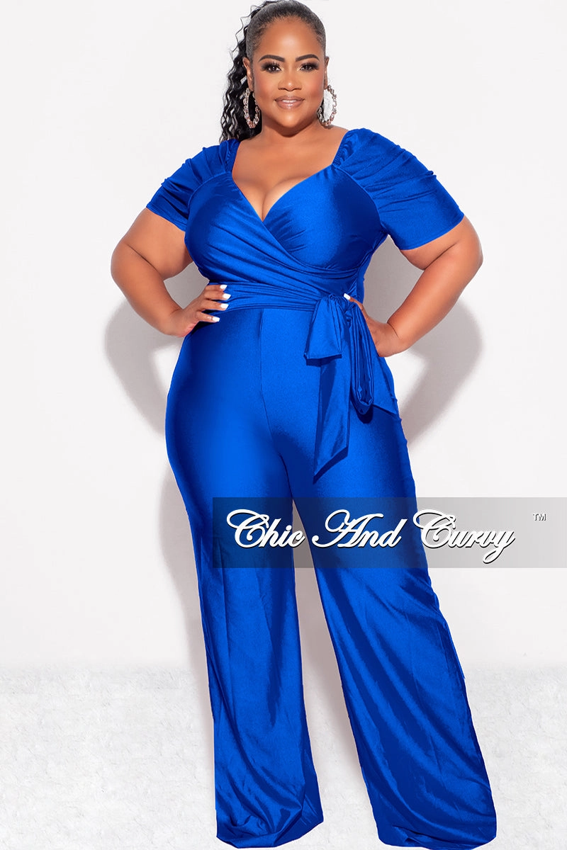 Ethical production Final Sale Plus Size Shiny Jumpsuit with Ruched Sleeves in Royal Blue