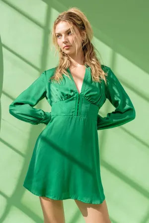 "Breakfast In Paris" Green Long Sleeve Corset Mini Dress