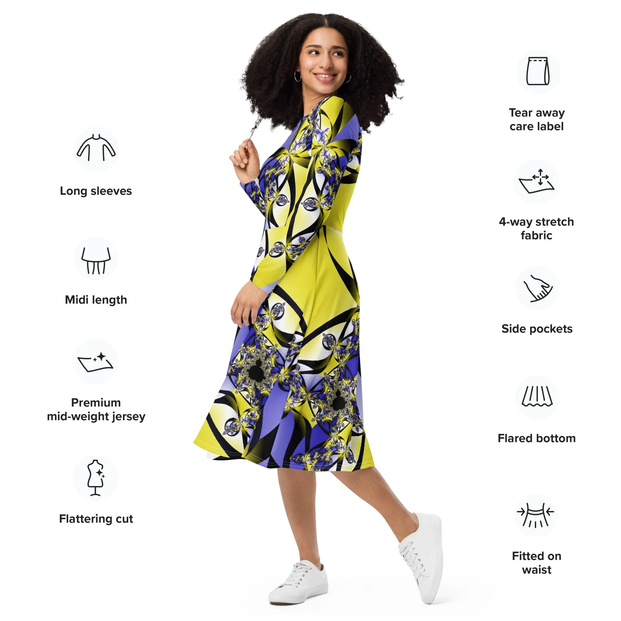"Citrine Migration" Collection - Designer Midi Dress Long Sleeves