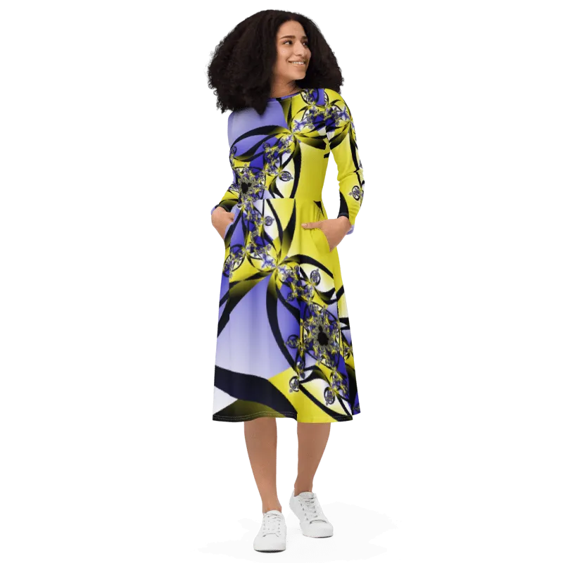 "Citrine Migration" Collection - Designer Midi Dress Long Sleeves