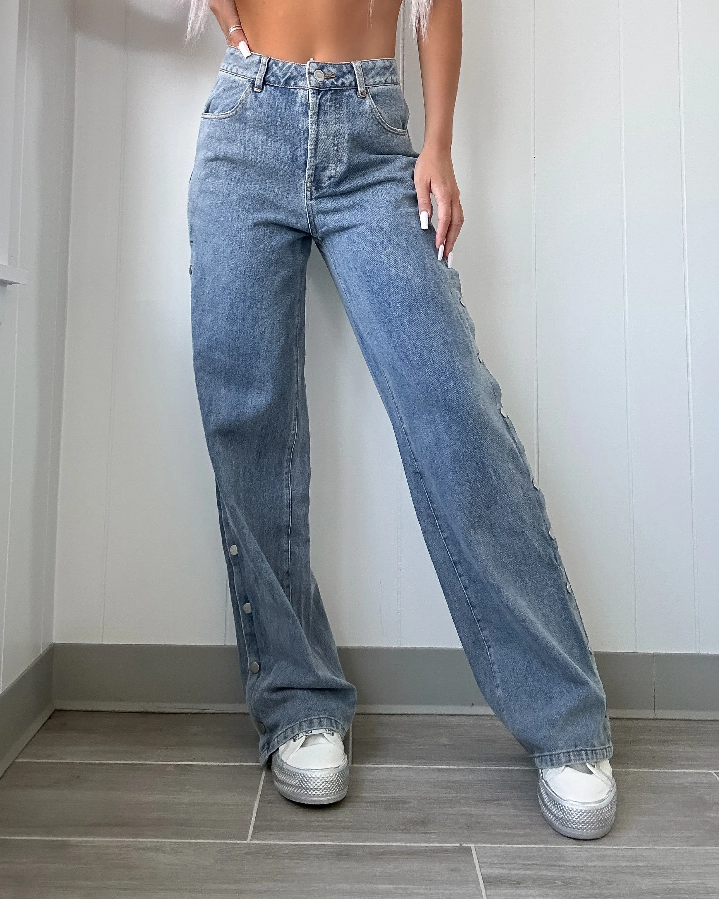 Rachel Straight Leg Snap Pants - Denim