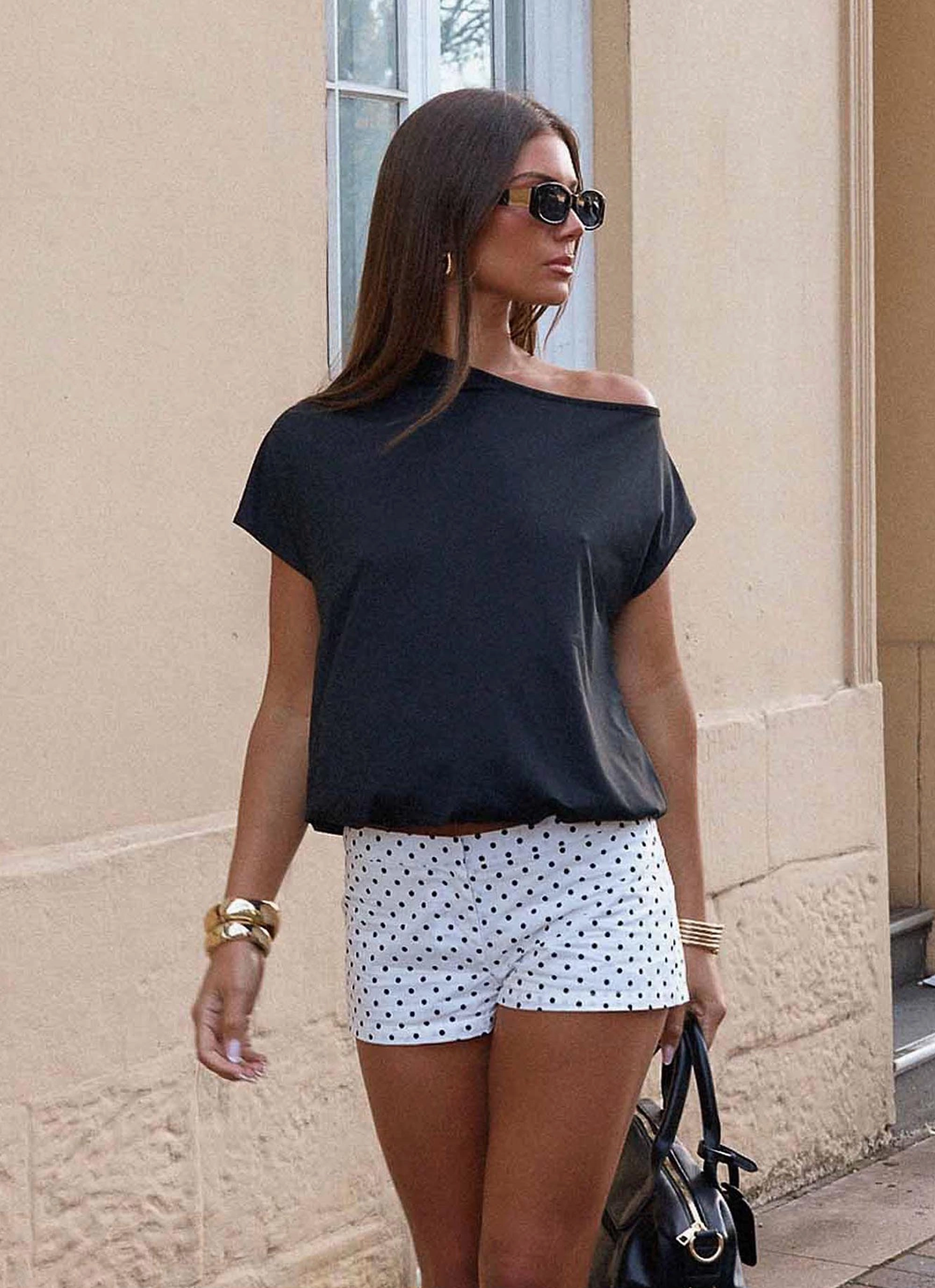 Raeni Off Shoulder Top - Black NonRestrictive Fit Durable Chainstitch
