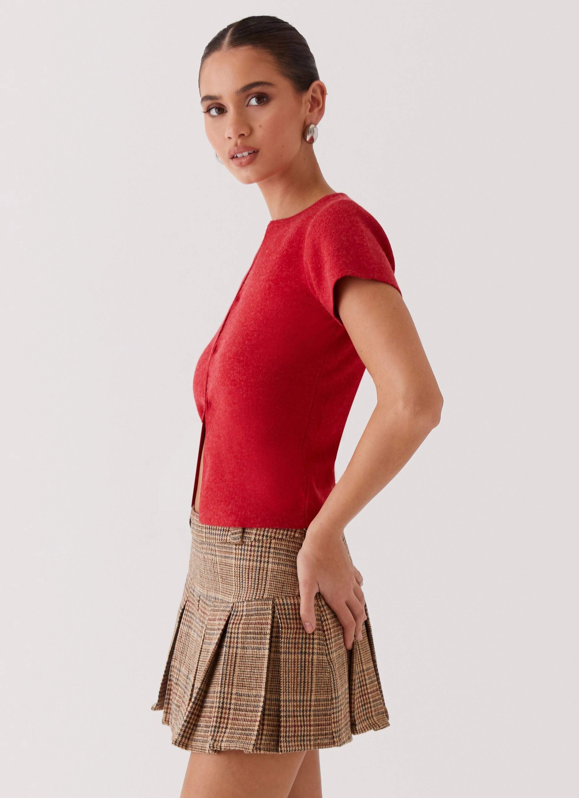 Raina Knit Crop Top - Ruby Red NoRoll Hem Technology MinimalistSilhouette