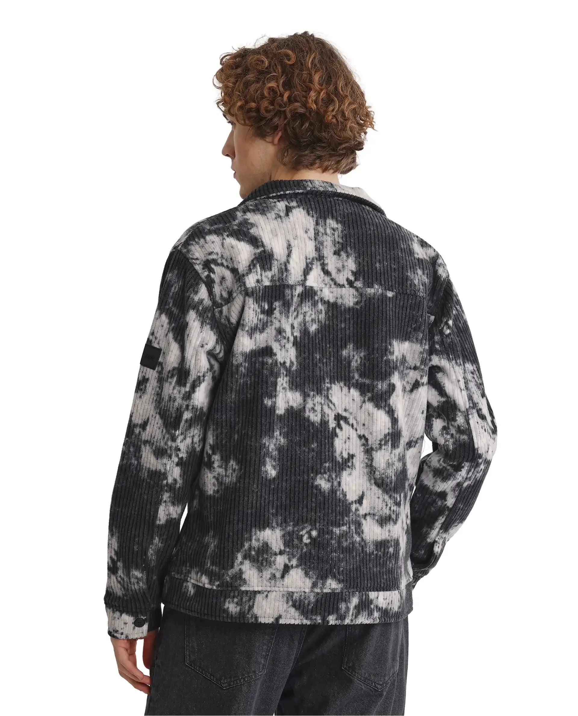 Rare Rabbit Men Saurv Black Polyester Fabric Full Sleeves Broad Collar Ribbed Abstract Print Jacket