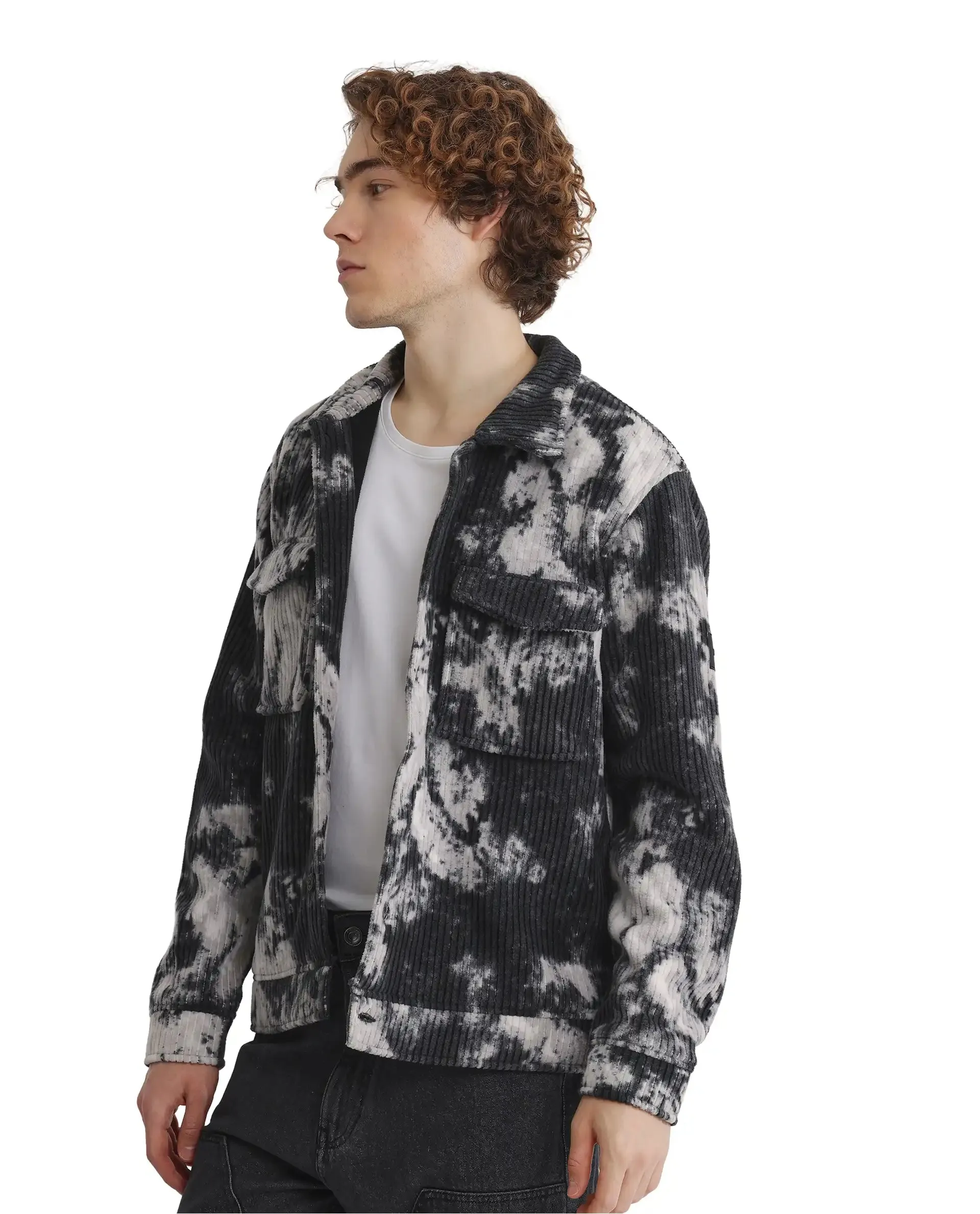 Rare Rabbit Men Saurv Black Polyester Fabric Full Sleeves Broad Collar Ribbed Abstract Print Jacket