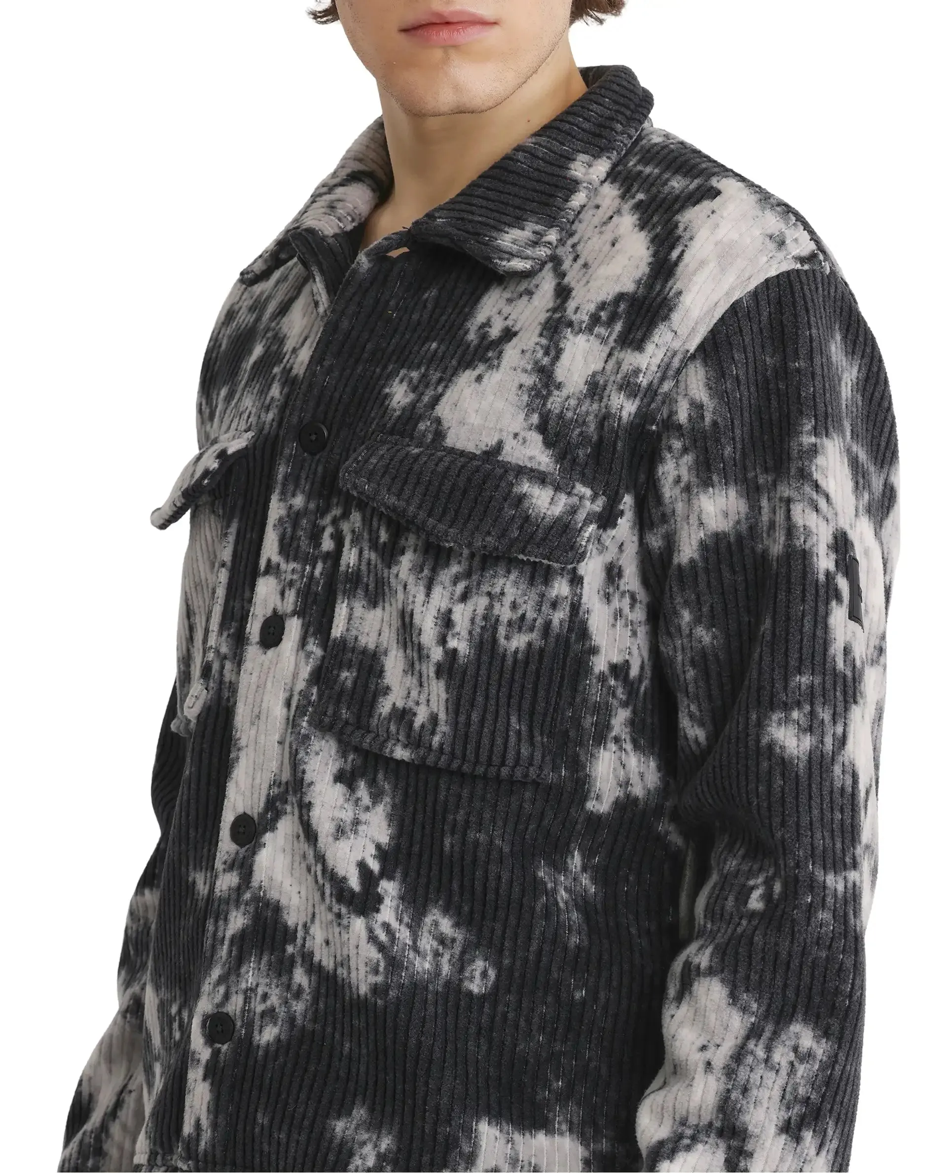 Rare Rabbit Men Saurv Black Polyester Fabric Full Sleeves Broad Collar Ribbed Abstract Print Jacket