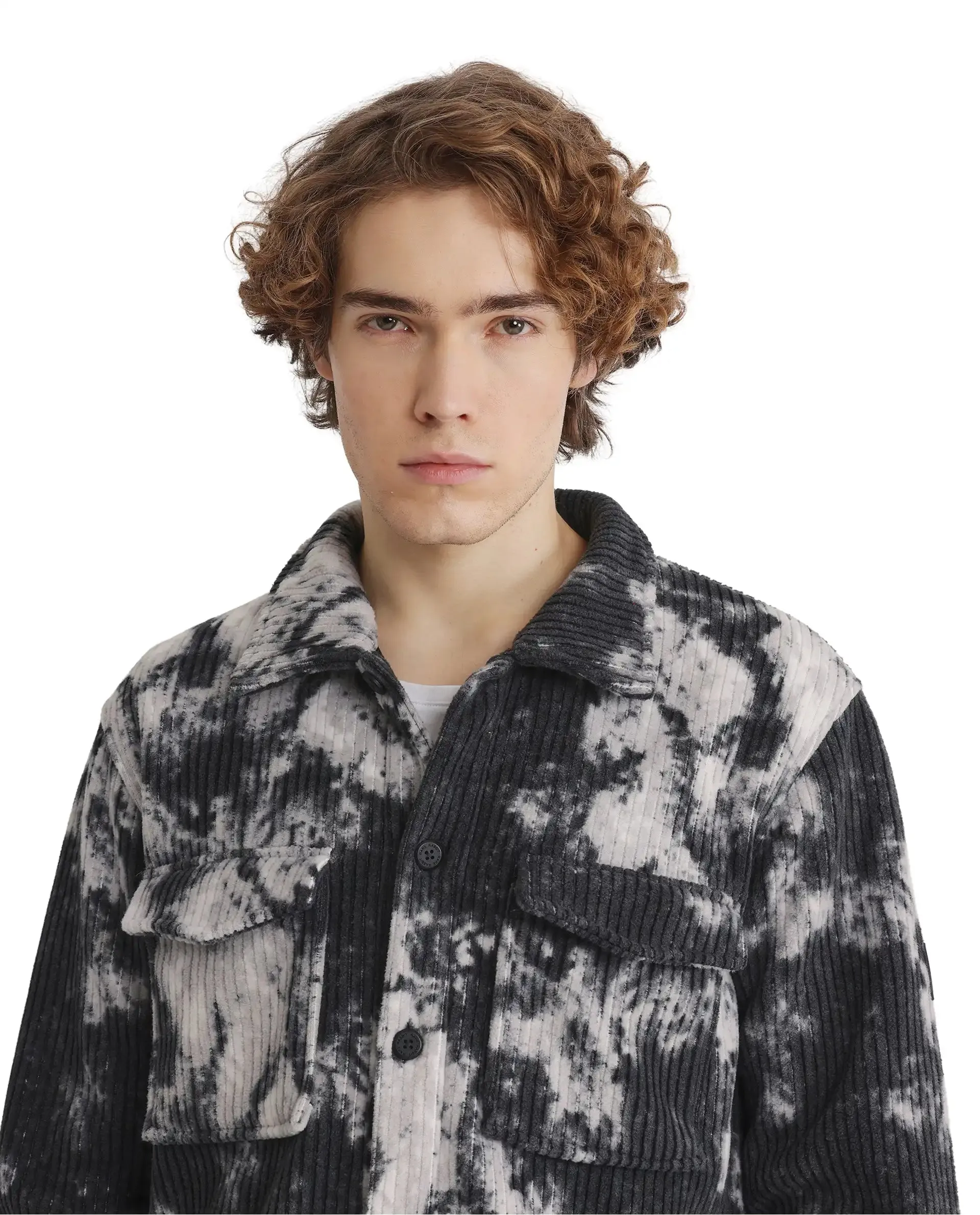 Rare Rabbit Men Saurv Black Polyester Fabric Full Sleeves Broad Collar Ribbed Abstract Print Jacket