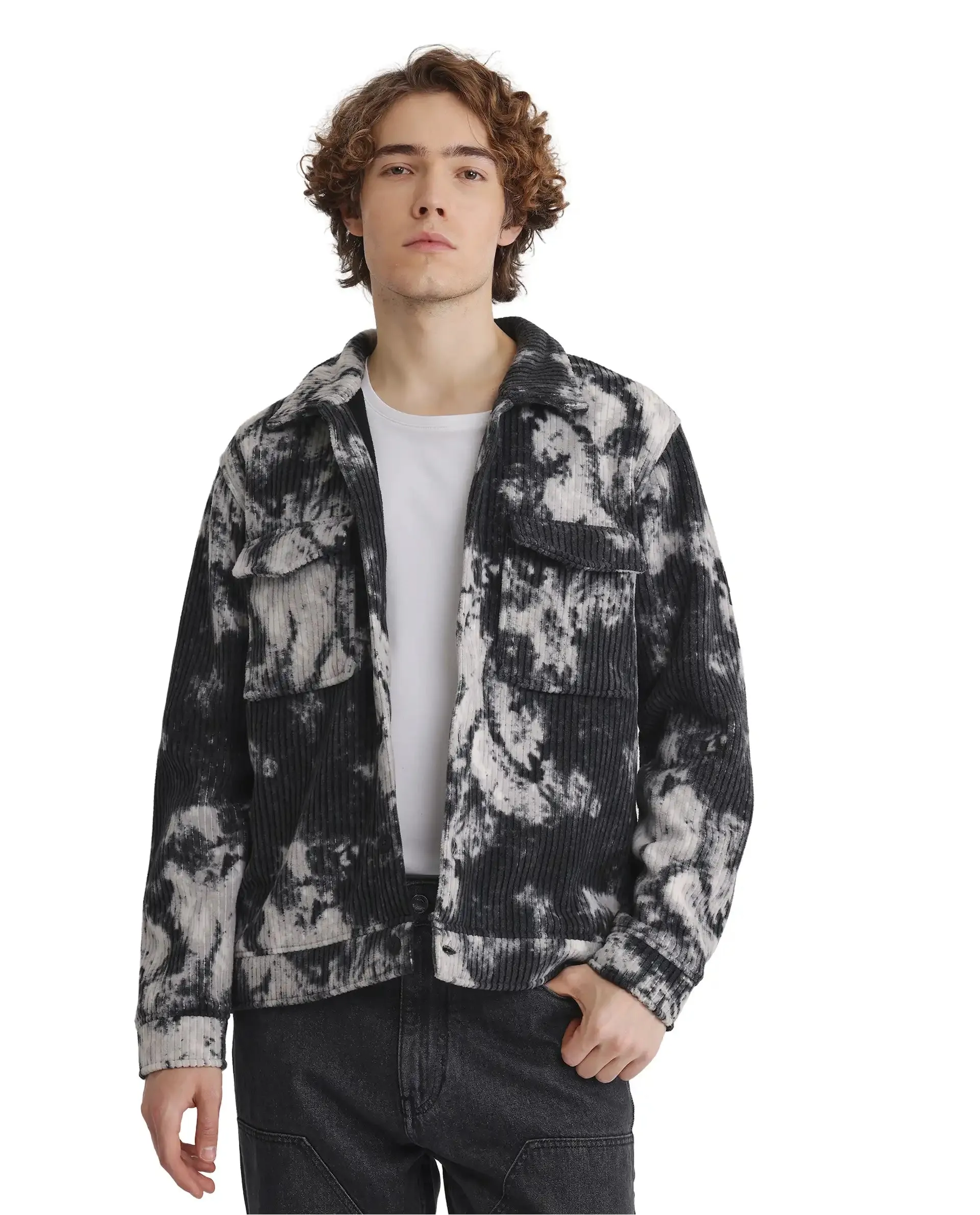 Rare Rabbit Men Saurv Black Polyester Fabric Full Sleeves Broad Collar Ribbed Abstract Print Jacket