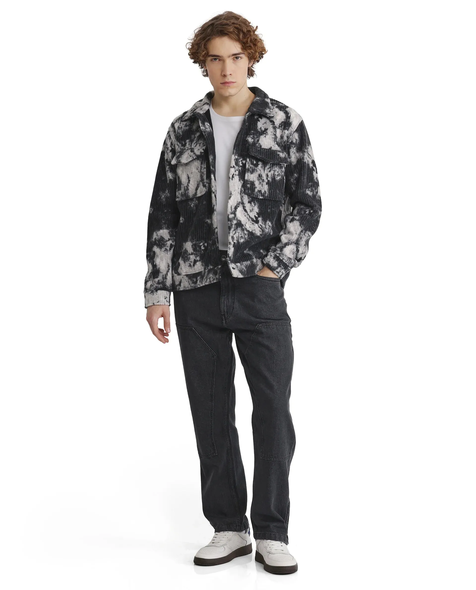 Rare Rabbit Men Saurv Black Polyester Fabric Full Sleeves Broad Collar Ribbed Abstract Print Jacket