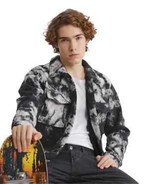 Rare Rabbit Men Saurv Black Polyester Fabric Full Sleeves Broad Collar Ribbed Abstract Print Jacket