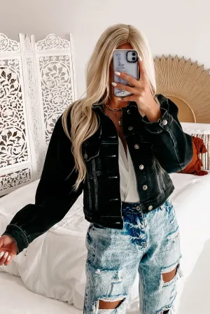 Raven Balloon Sleeve Cropped Denim Jacket (Black Grey)