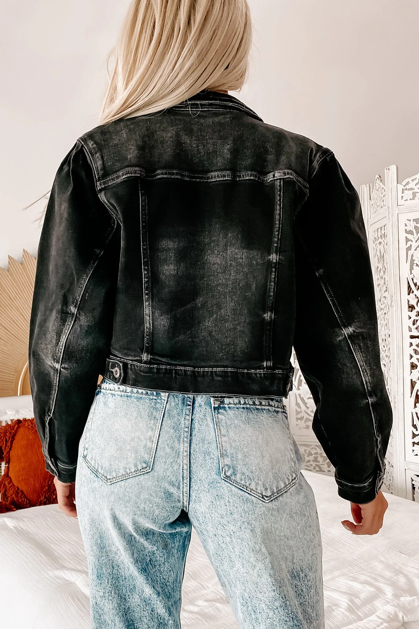 Raven Balloon Sleeve Cropped Denim Jacket (Black Grey)