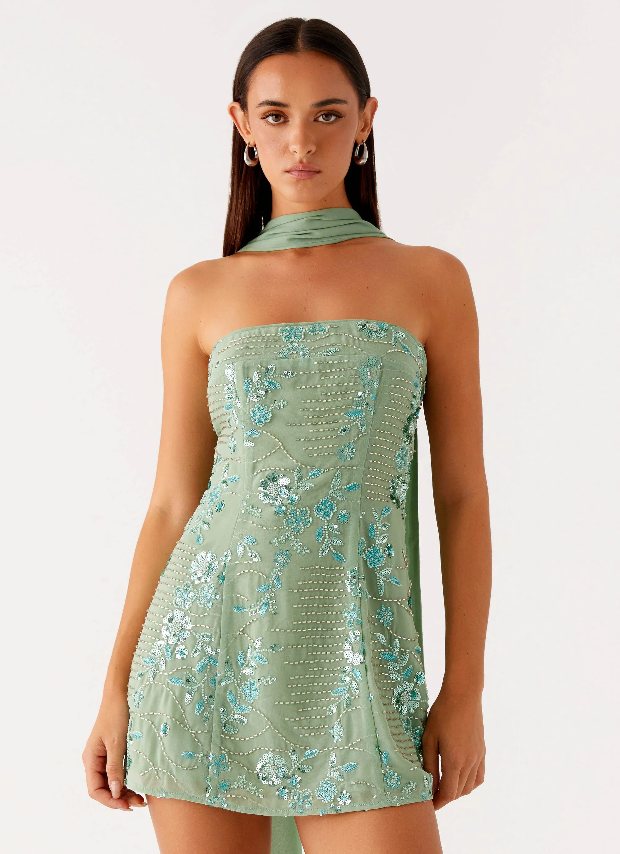 Kiesha Strapless Scarf Mini Dress - Mint Clear Blush Chic Layered Wear