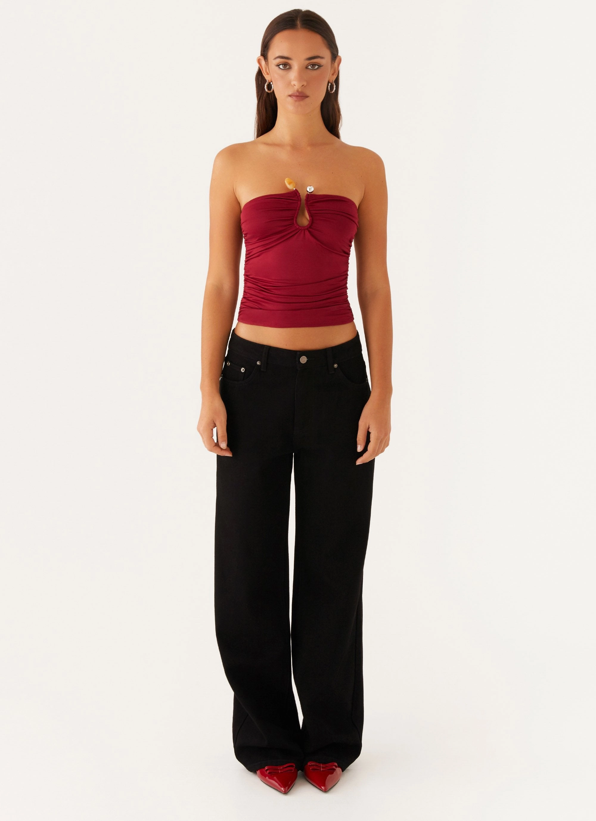 Rudy Tube Top - Maroon Non Restrictive Collar Neutral Tone Stitching