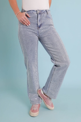 Cropped hem Ready To Rock Rhinestone Denim-Blue