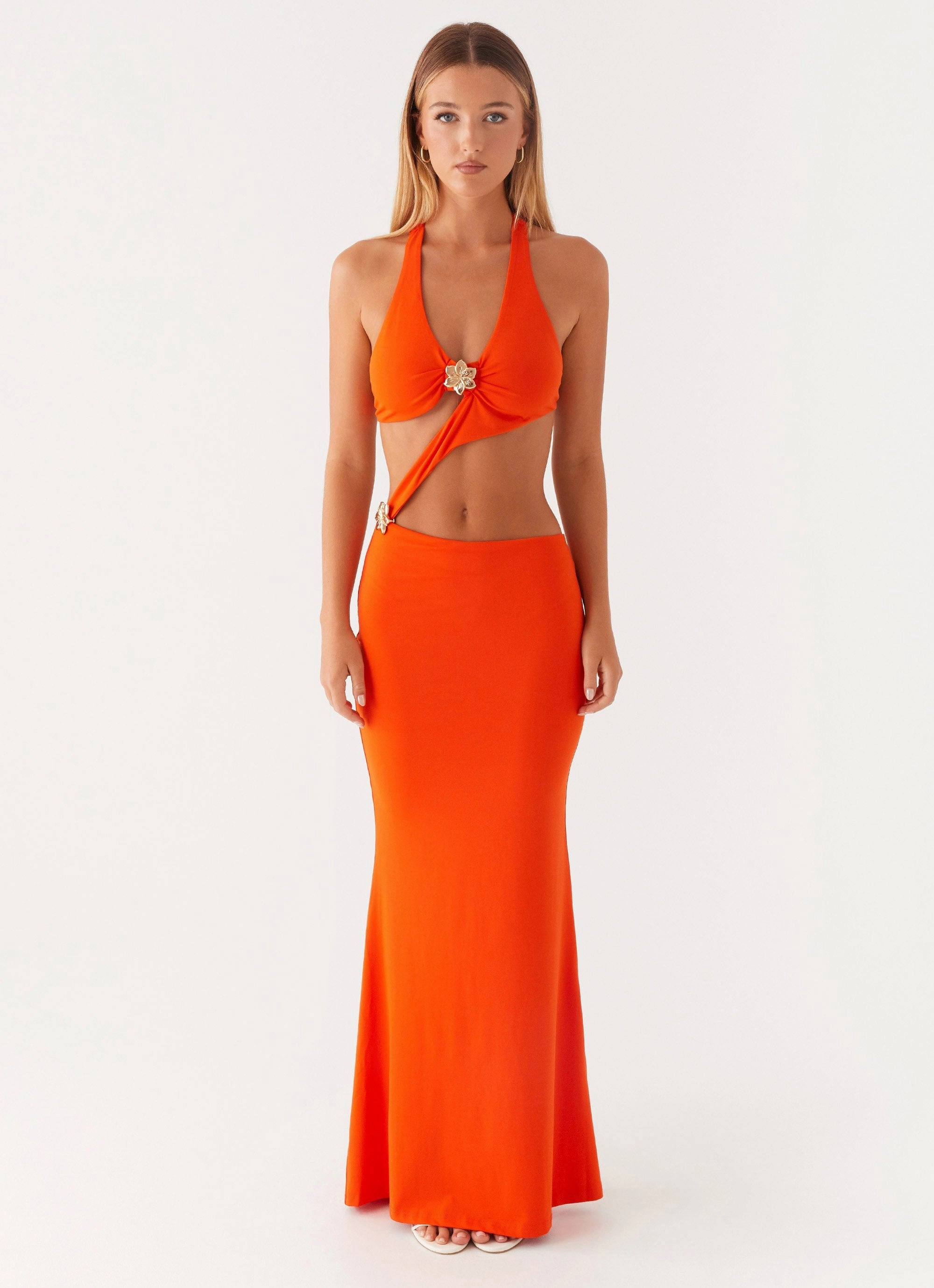 Reasons To Stay Cut Out Maxi Dress - Orange Modest Cut soft fit