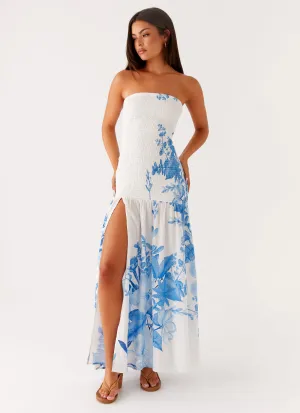 Rebecca Maxi Dress - Blue Floral Print Cozy Wear Celebrity-Inspired