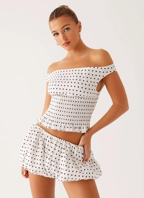 Classic Crew Neck Heather Off Shoulder Top - White Black Polka Dot