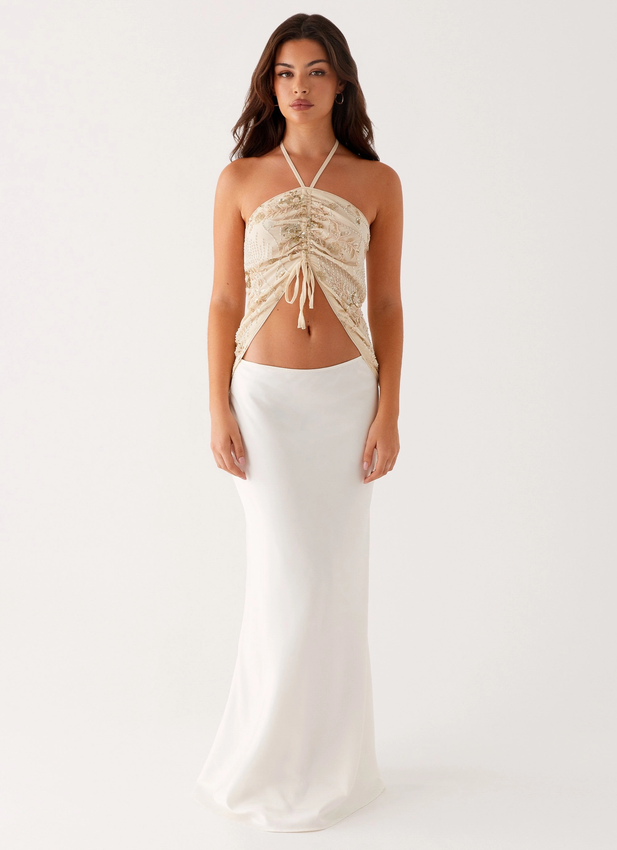 Kirrily Beaded Halter Top - Ivory Compression Fit Technology