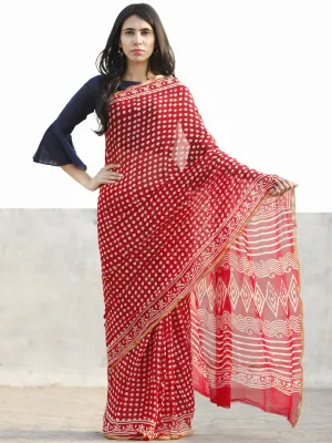 Red and White  Hand Block Printed Chiffon Saree with Zari border- S031702717