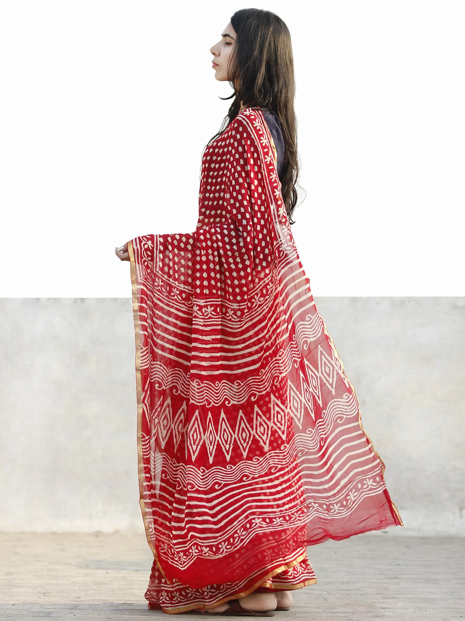 Red and White  Hand Block Printed Chiffon Saree with Zari border- S031702717