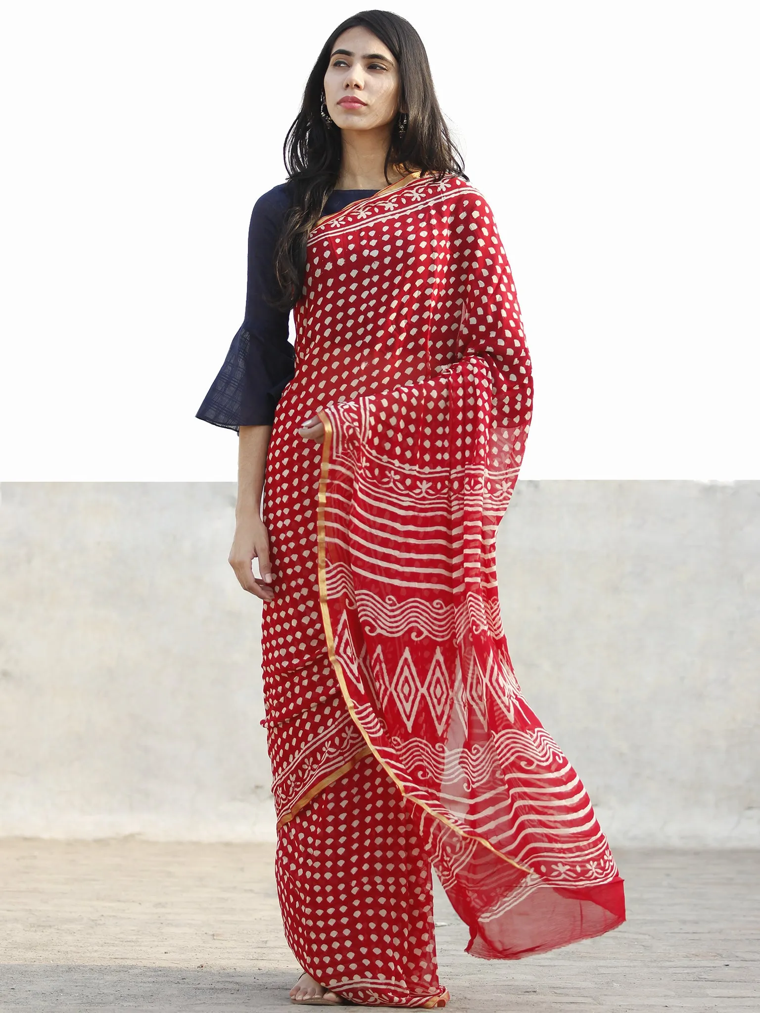 Red and White  Hand Block Printed Chiffon Saree with Zari border- S031702717
