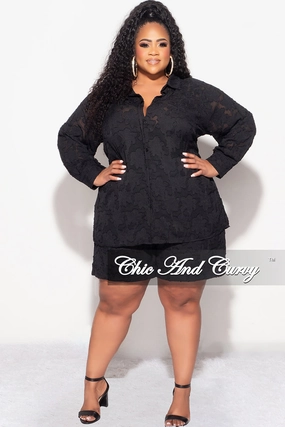 Final Sale Plus Size 2pc Collar Button Up Top And Short Set In Black Weather Ready Flexible Ankle Cuffs