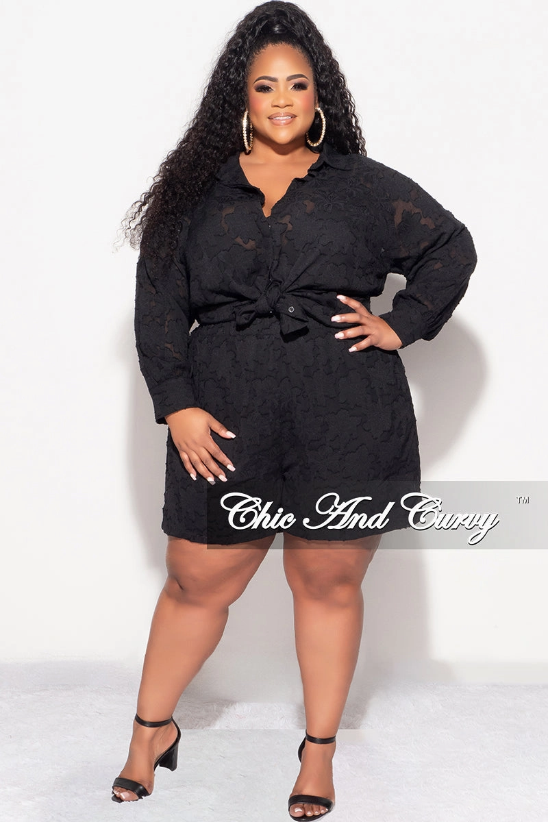 Blackout fabric Final Sale Plus Size 2pc Collar Button Up Top And Short Set In Black