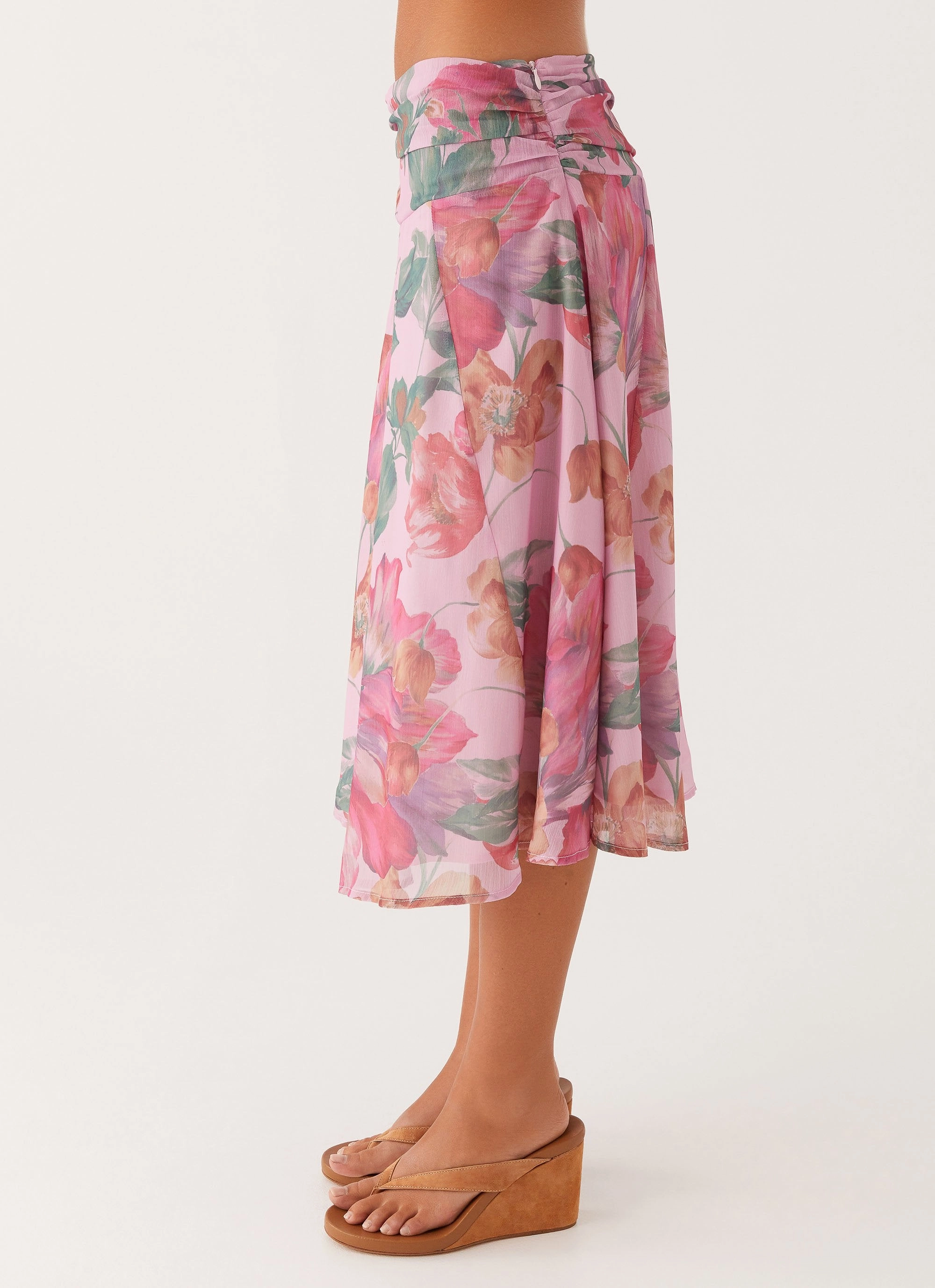 Valley Midi Skirt - Pink Floral Comfy Wearable Breathable Wearable