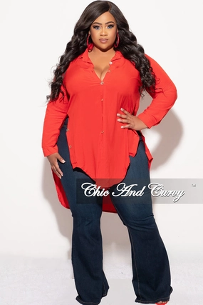 Comfort Flex Final Sale Plus Size Final Sale Plus Size Collar Button Up High-Low Top in Red