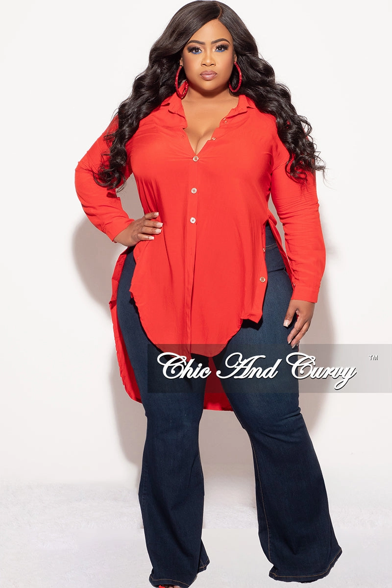 Final Sale Plus Size Final Sale Plus Size Collar Button Up High-Low Top in Red No Fuss Fit