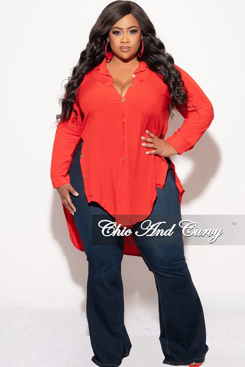 Comfort Flex Final Sale Plus Size Final Sale Plus Size Collar Button Up High-Low Top in Red