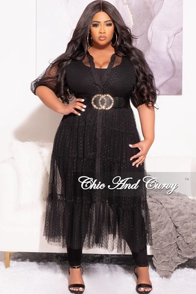 Final Sale Plus Size Sheer Collar Button Up Polka Dot Dress in Black Flexible Performance Wear