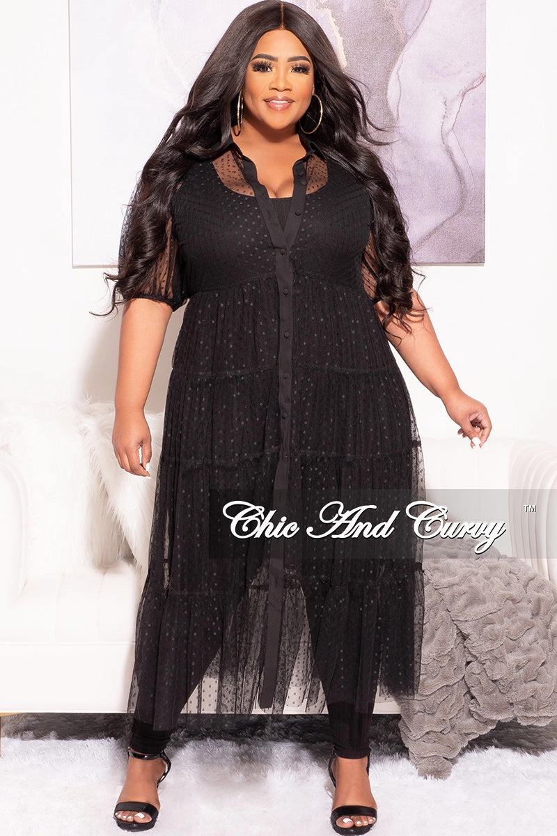 Mesh Panel Final Sale Plus Size Sheer Collar Button Up Polka Dot Dress in Black