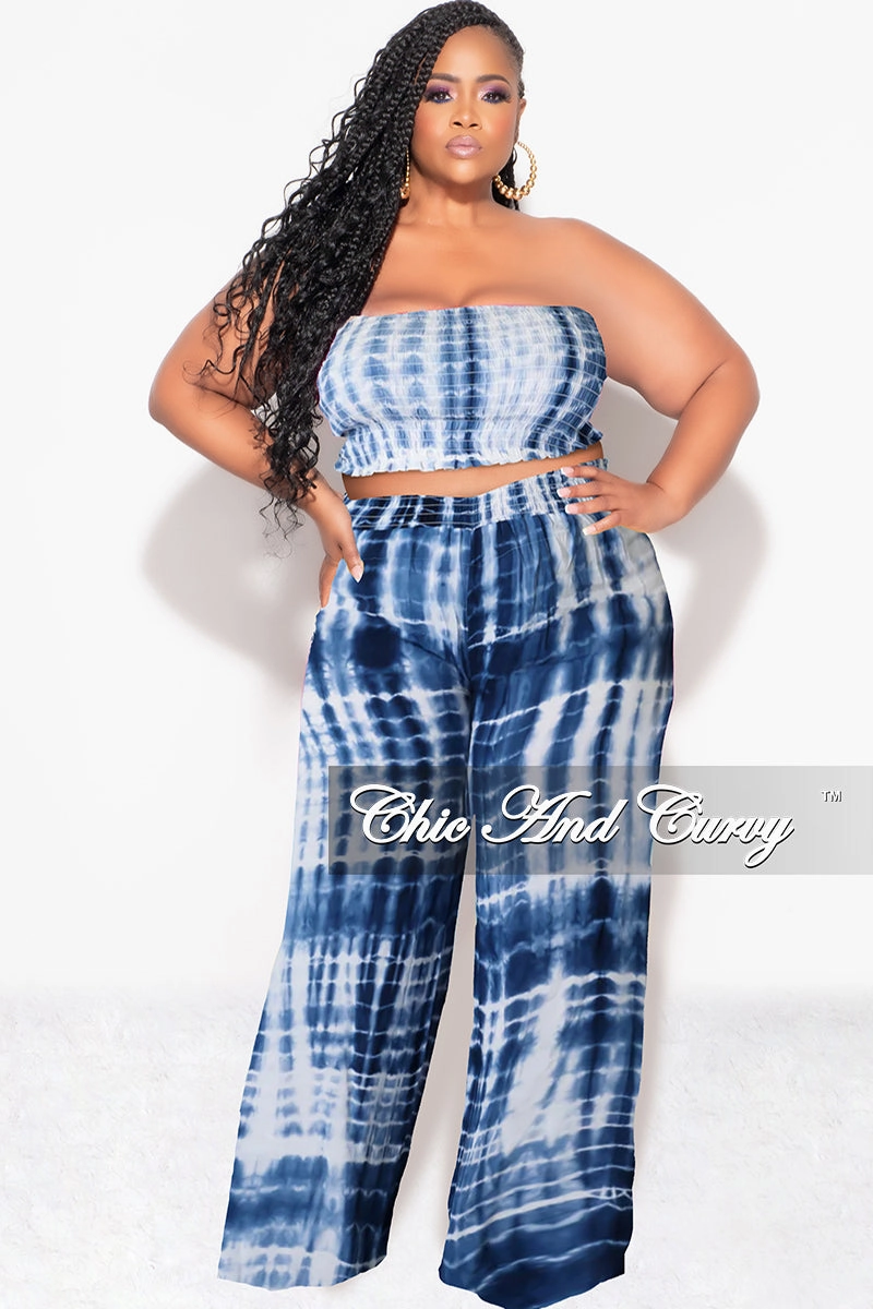 Final Sale Plus Size 2pc Strapless Frill Crop Top and Palazzo Pants Set Blue & White Tie Dye Print Fit Flex Loose cut