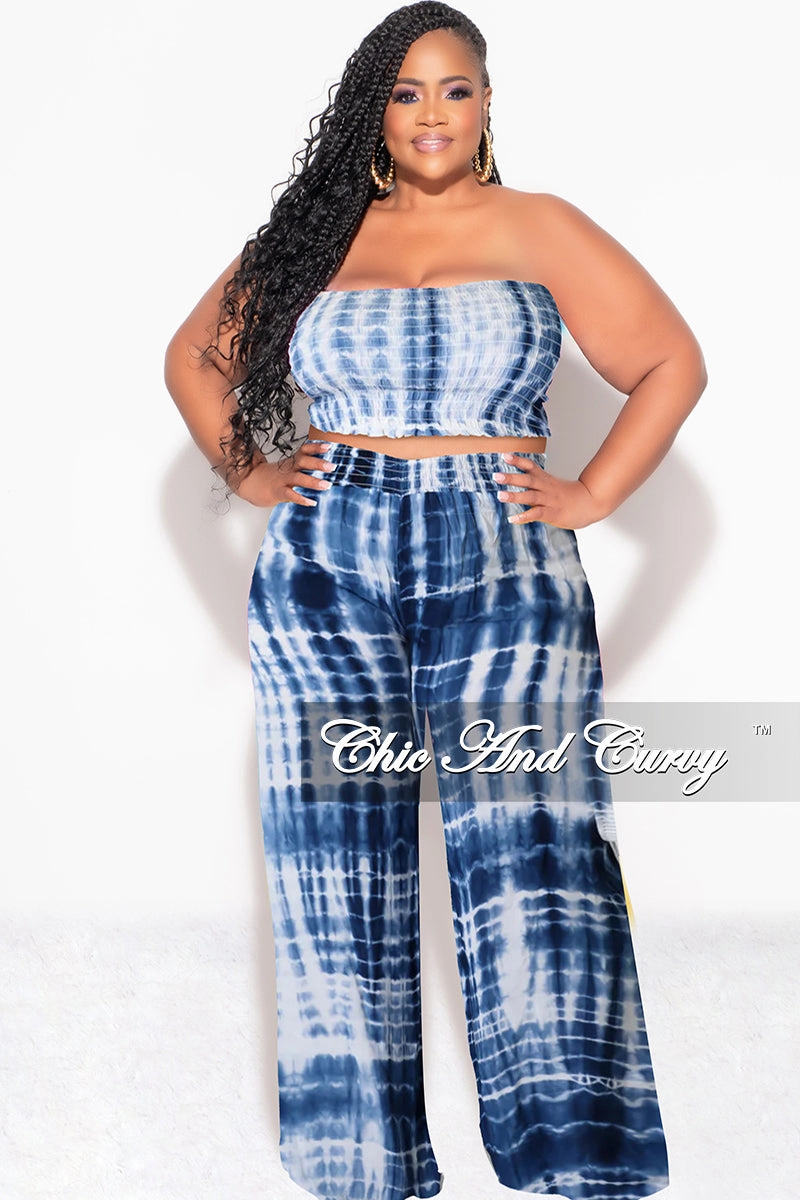 Eco Friendly Fabric Final Sale Plus Size 2pc Strapless Frill Crop Top and Palazzo Pants Set Blue & White Tie Dye Print