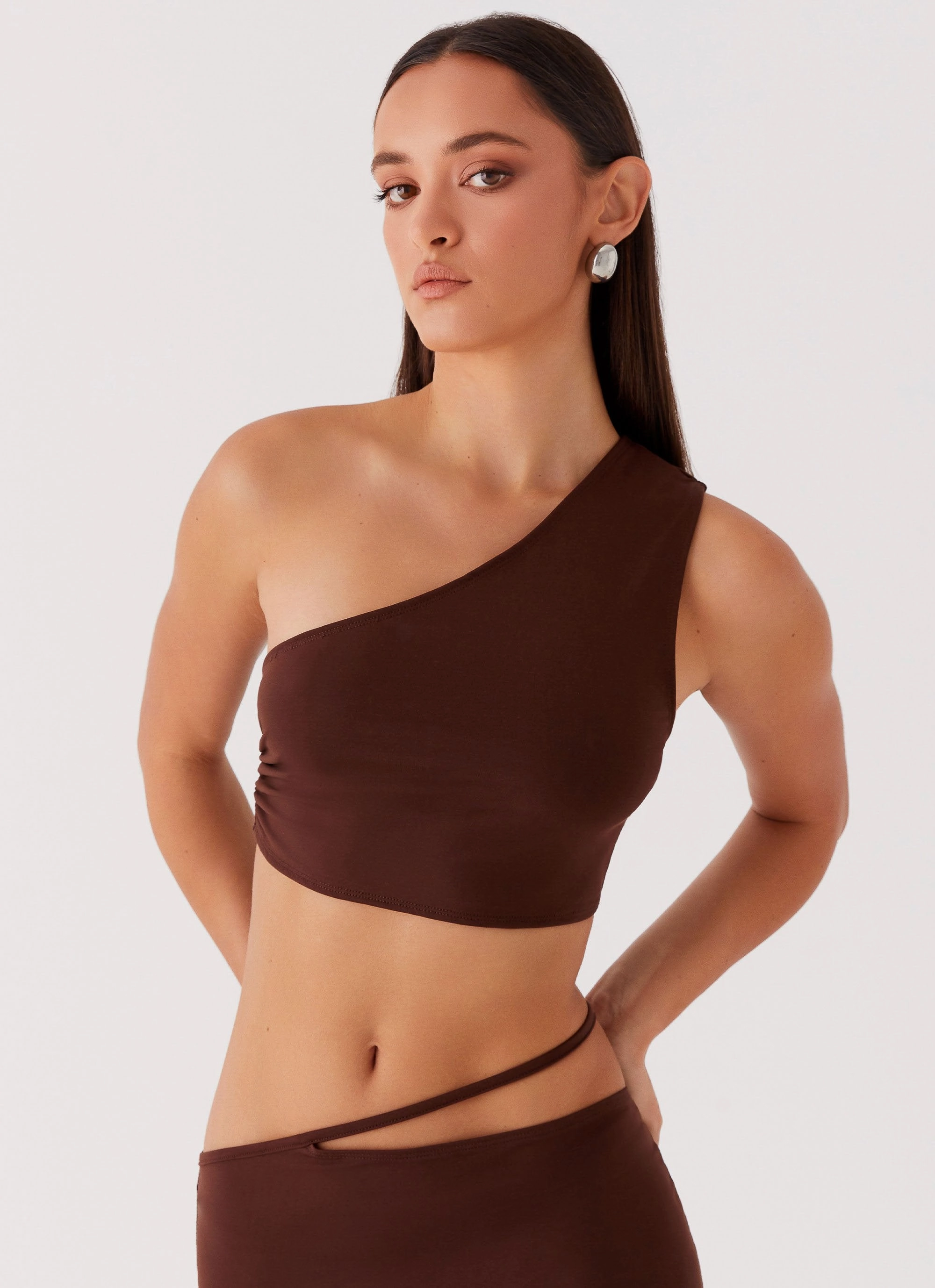 Adjustable drawstring Like You Do One Shoulder Crop Top - Chocolate
