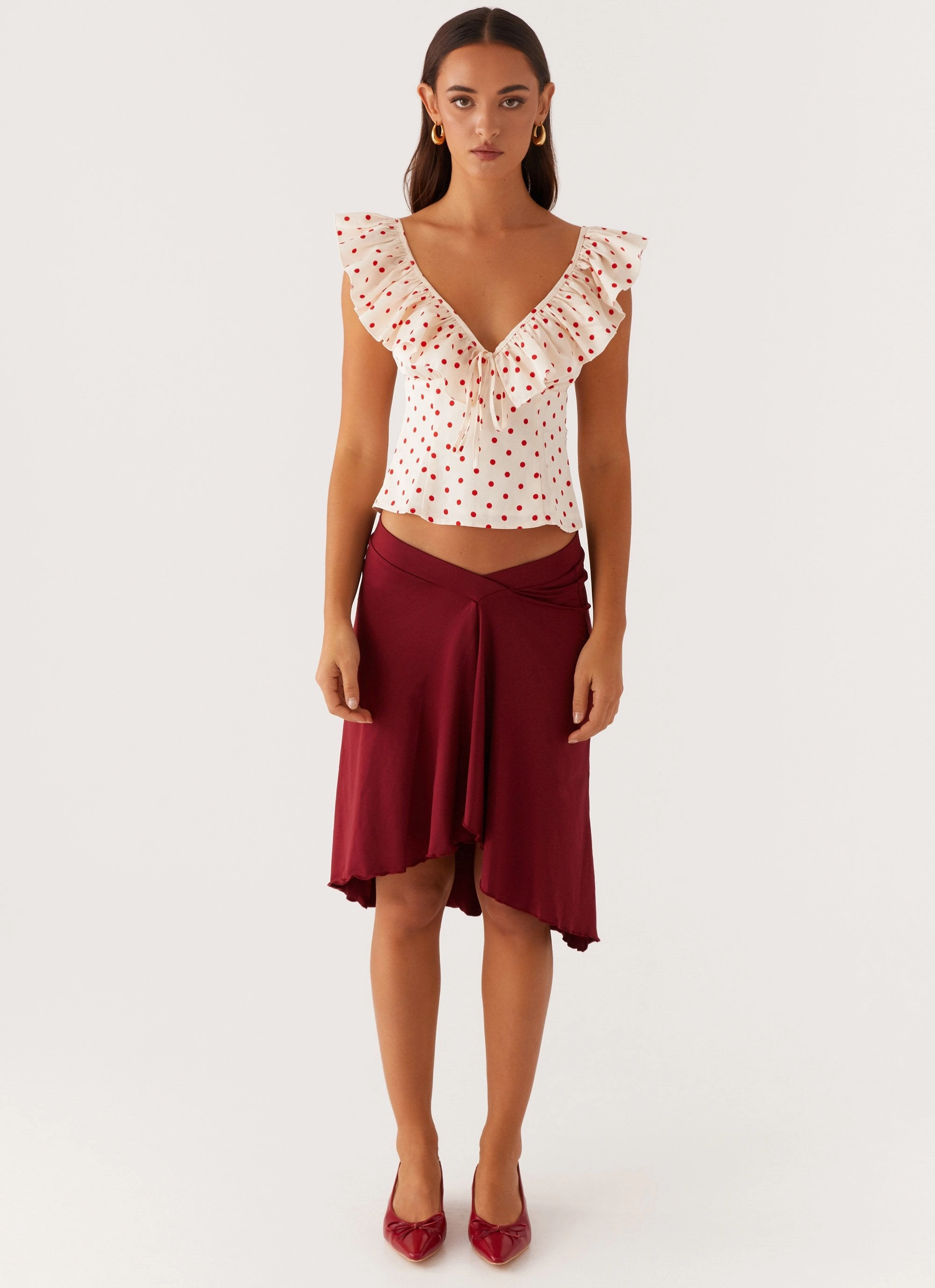 SweatWicking Fabric FlexibleCuffs Regan Ruffle Top - Red Polka Dot