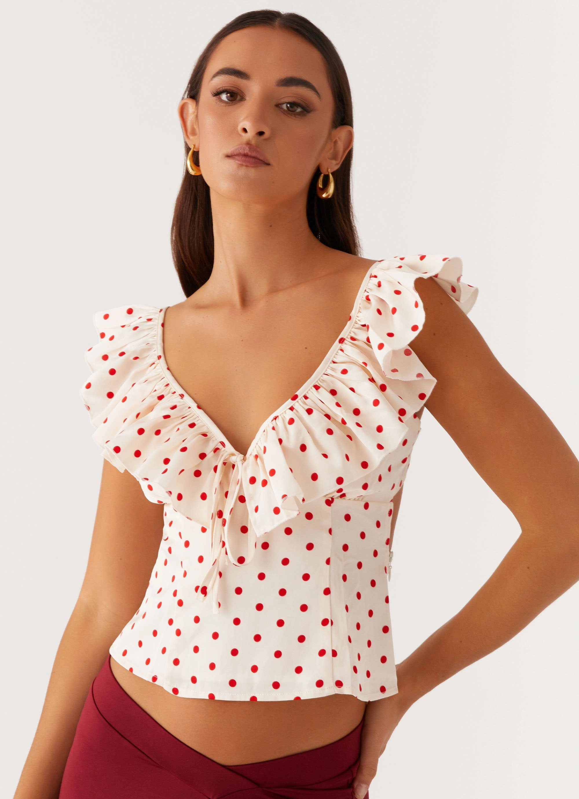 Regan Ruffle Top - Red Polka Dot Wrinkle resistant fabric Double Chest Pocket