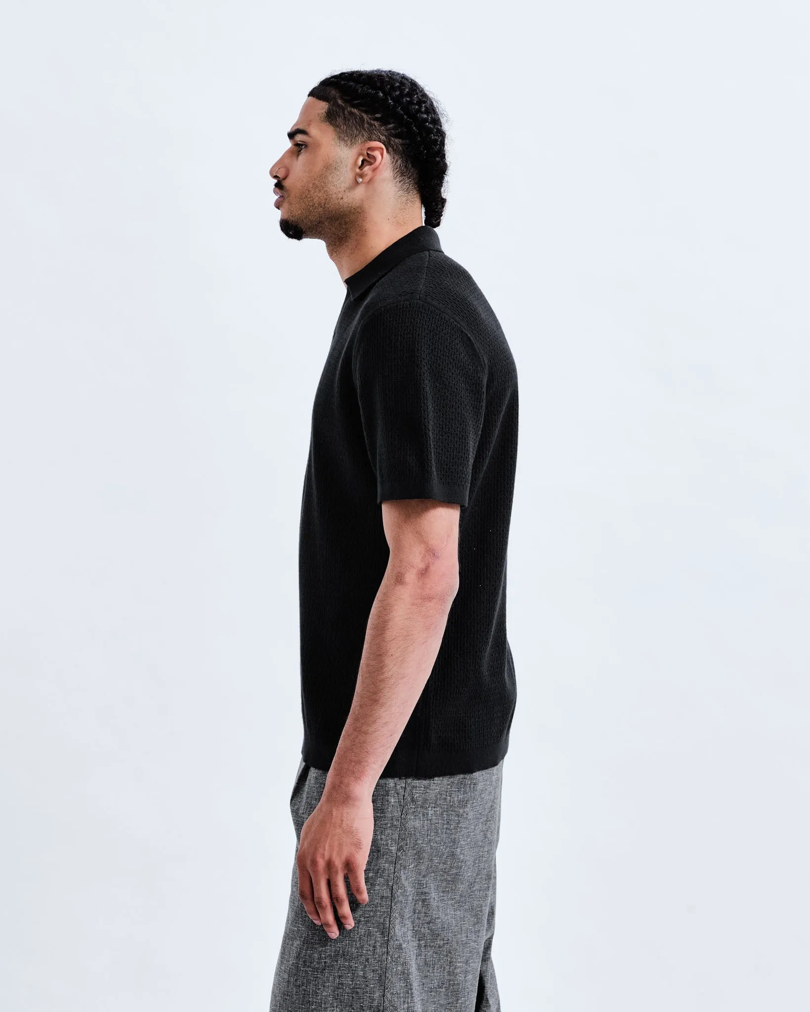 REIGNING CHAMP COTTON LINEN VICTOR POLO - BLACK