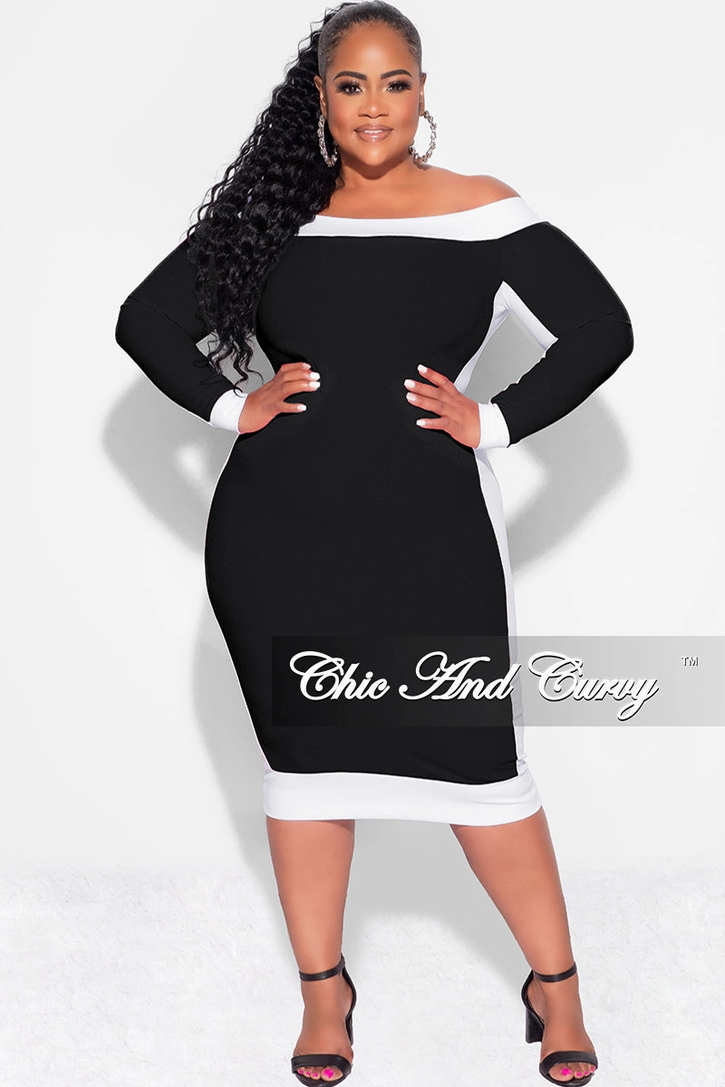Final Sale Plus Size Off the Shoulder BodyCon Dress in Black with White Trim Perfect Look
