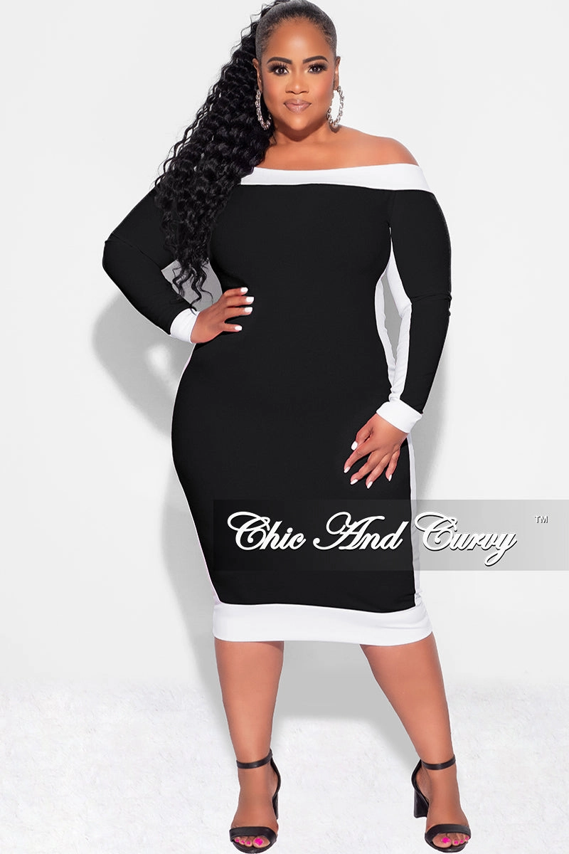 Comfy Look TemperatureRegulation Final Sale Plus Size Off the Shoulder BodyCon Dress in Black with White Trim