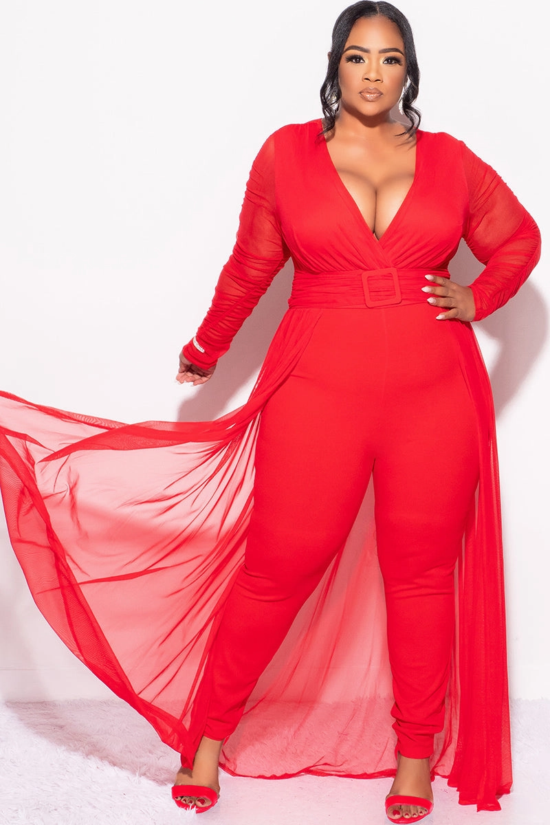 Final Sale Plus Size Mesh Ruched Sleeve Jumpsuit with Attached Long Skirt in Red QuickDryTech